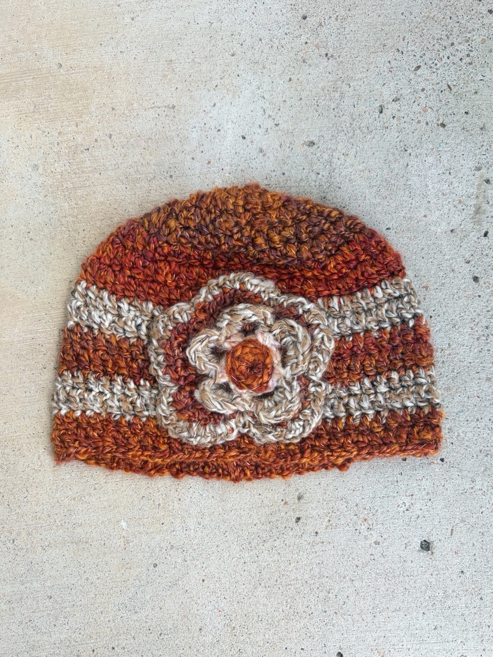 Handmade Crochet Winter Hat in Orange and Ivory with Flower Detail